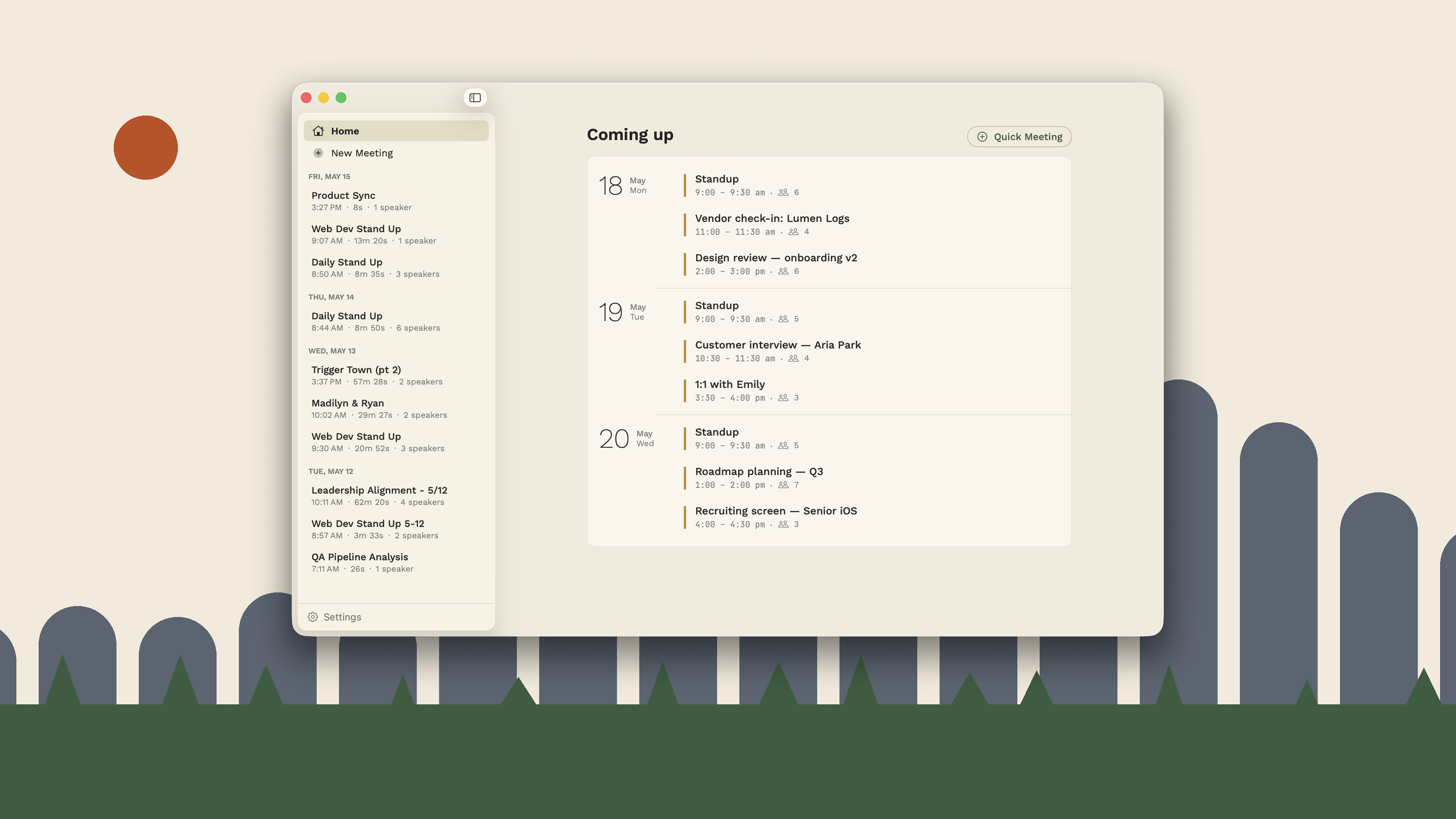 The Fieldnotes app showing a sidebar of past meetings and a Coming up agenda for the next three days.